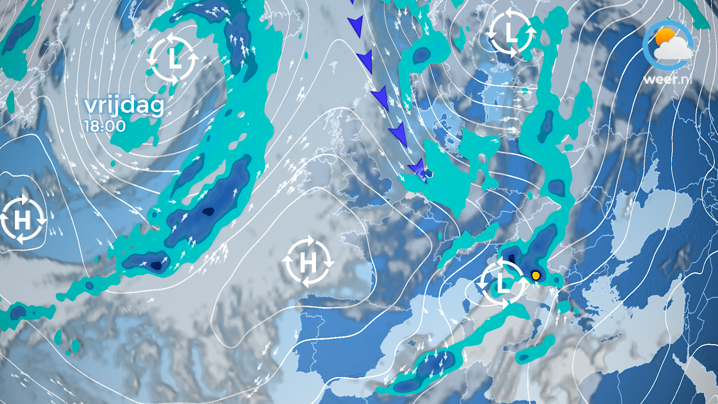 De weerkaart voor vrijdagavond met de aanvoer van frisse lucht uit het noordwesten. De weerkaart voor vrijdagavond met de aanvoer van frisse lucht uit het noordwesten.