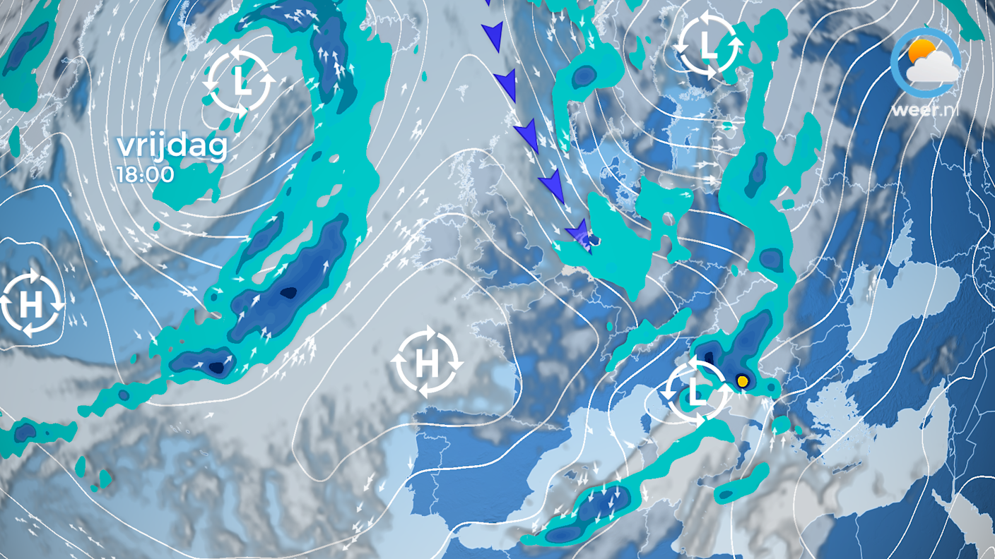 De weerkaart voor vrijdagavond met de aanvoer van frisse lucht uit het noordwesten. 