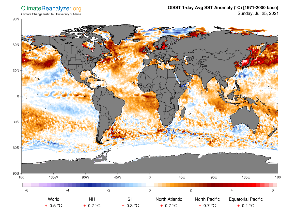 Foto gemaakt door Climate Reanalyzer - Het water van het noorden van de Grote Oceaan en de Atlantische Oceaan is op dit moment veel warmer dan normaal.
