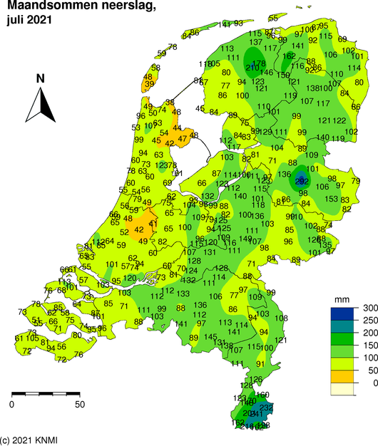 Foto gemaakt door KNMI - Het overzicht van de regengegevens van de julimaand, zoals net gepubliceerd door het KNMI. De foutieve waarde van Helendoorn staat er nog in. Die is naar 195 millimeter bijgesteld. Foto gemaakt door KNMI - Het overzicht van de regengegevens van de julimaand, zoals net gepubliceerd door het KNMI. De foutieve waarde van Helendoorn staat er nog in. Die is naar 195 millimeter bijgesteld.