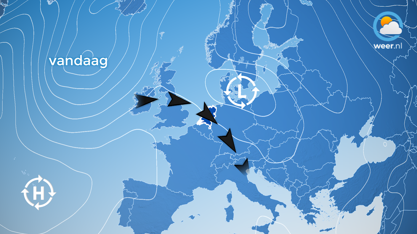 De weerkaart van vandaag. Een noordwestelijke wind brengt ons gematigde temperaturen.