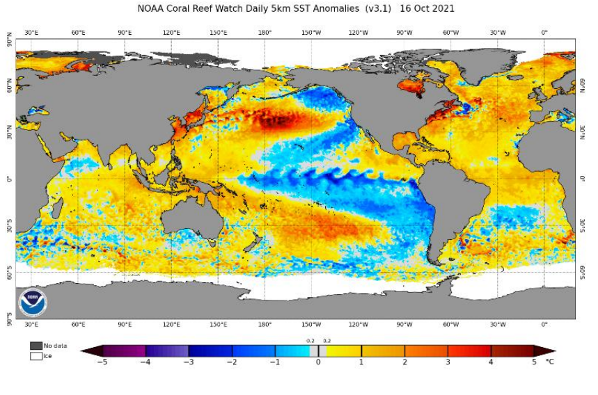 Foto gemaakt door NOAA - Het koude water op de Grote Oceaan onder de evenaar (horend bij La Nina) en het warme ten westen van de VS zijn op dit plaatje duidelijk zichtbaar.