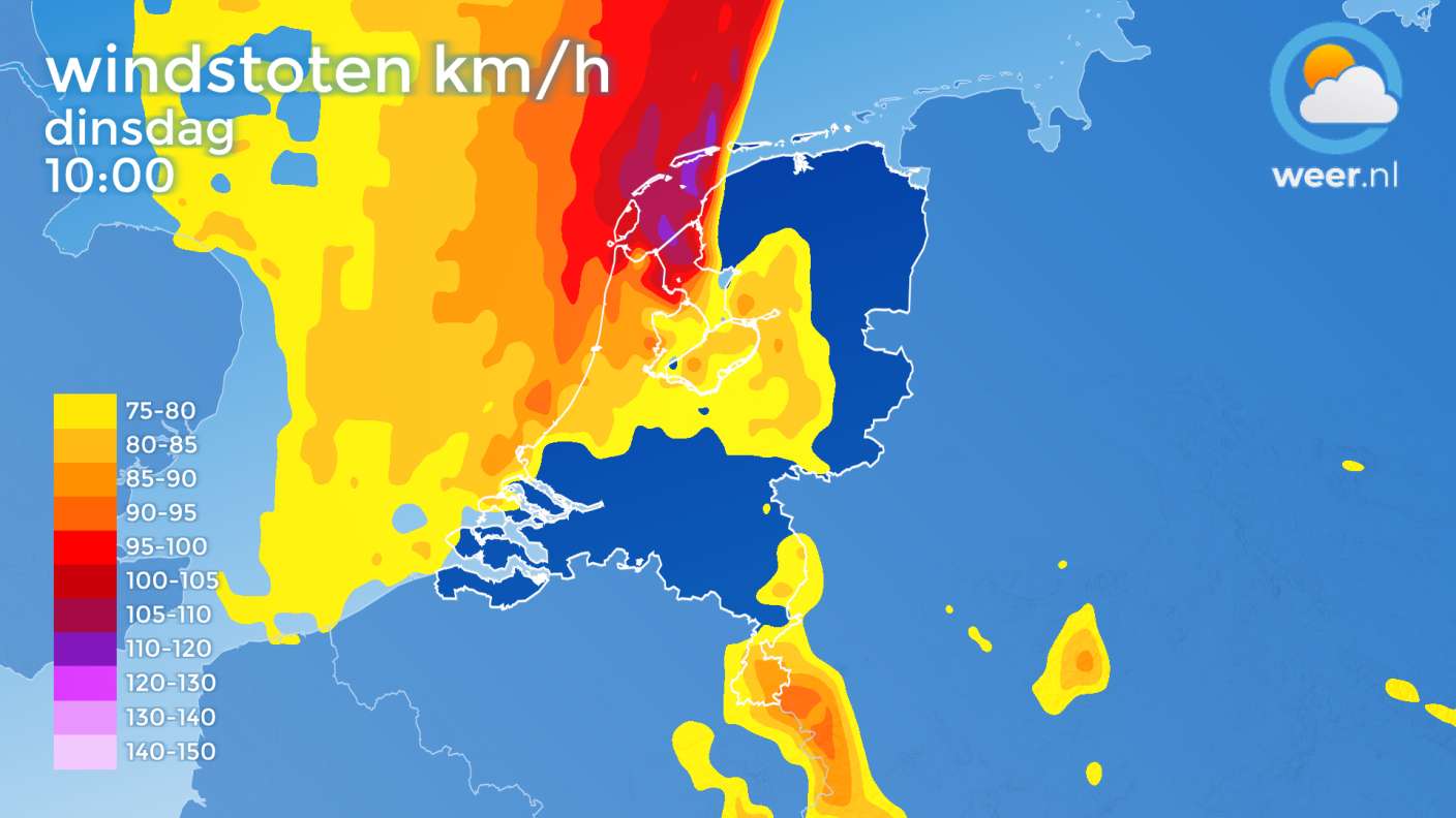 Foto gemaakt door Weer.nl - Op dinsdag kunnen zelfs boven land windstoten van 80 km/uur voorkomen. Aan de (noord)kust zijn zelfs windstoten tot 120 km/uur mogelijk.