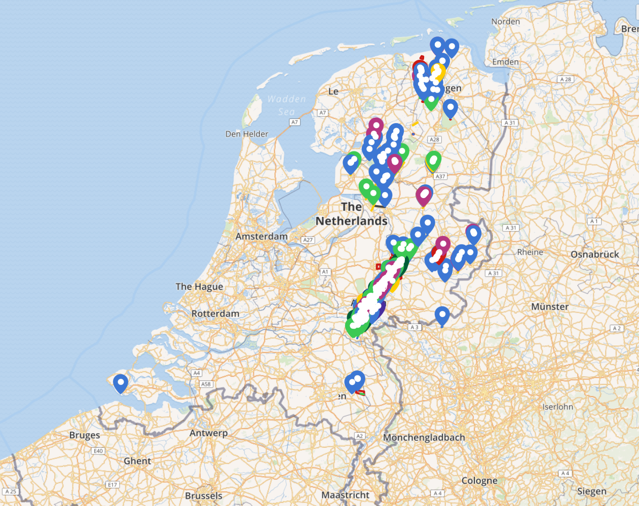 De kaart met alle 'verdachte' schademeldingen die wij hebben ontvangen (alleen al ruim 300 mails), eigen waarnemingen en berichten uit (sociale) media. Bron kaart: Nadia Bloemendaal.