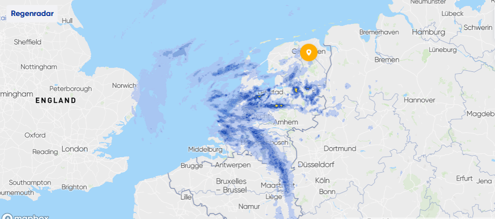Foto gemaakt door Weer.nl - Hilversum - Het radarbeeld van 12.40 uur.