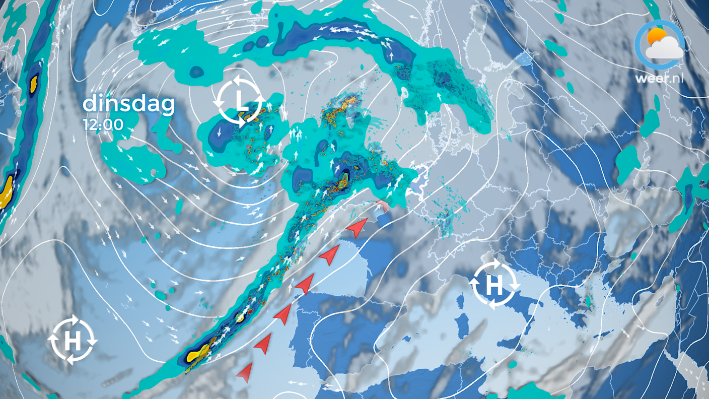 De weerkaart voor dinsdagmiddag met de aanvoer van zachte lucht uit het zuidwesten. De weerkaart voor dinsdagmiddag met de aanvoer van zachte lucht uit het zuidwesten.