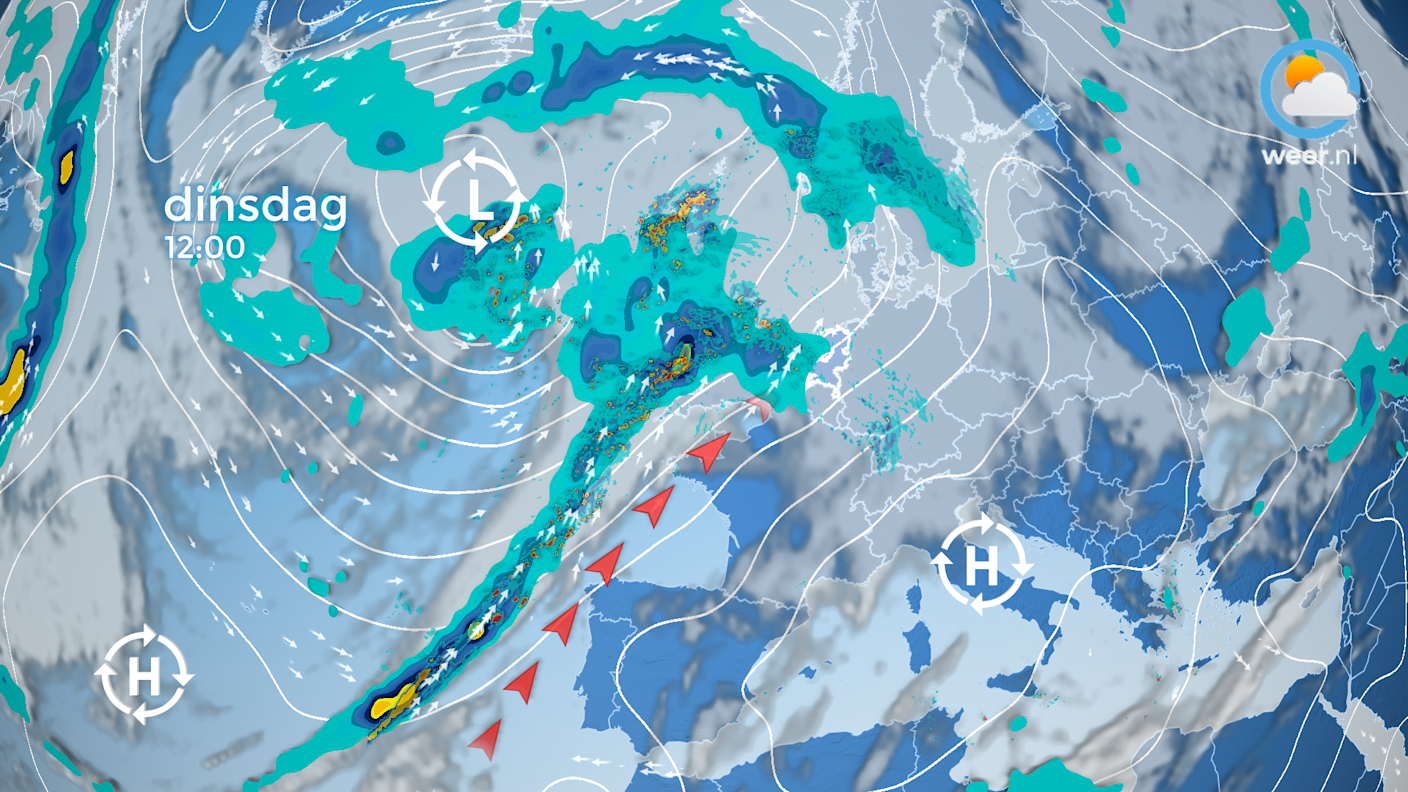 De weerkaart voor dinsdagmiddag met de aanvoer van zachte lucht uit het zuidwesten.