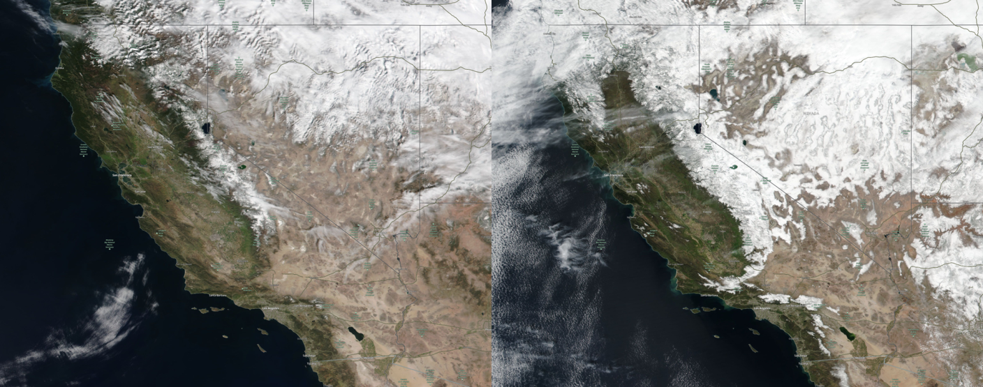 Foto gemaakt door NASA - Californië, VS - Vergelijking satellietbeeld Californië tussen 8 maart 2022 (links) en 3 maart 2023 (rechts). Niet alleen ligt er dit jaar veel meer sneeuw, ook ziet het er groener uit doordat planten minder last hebben van de droogte.