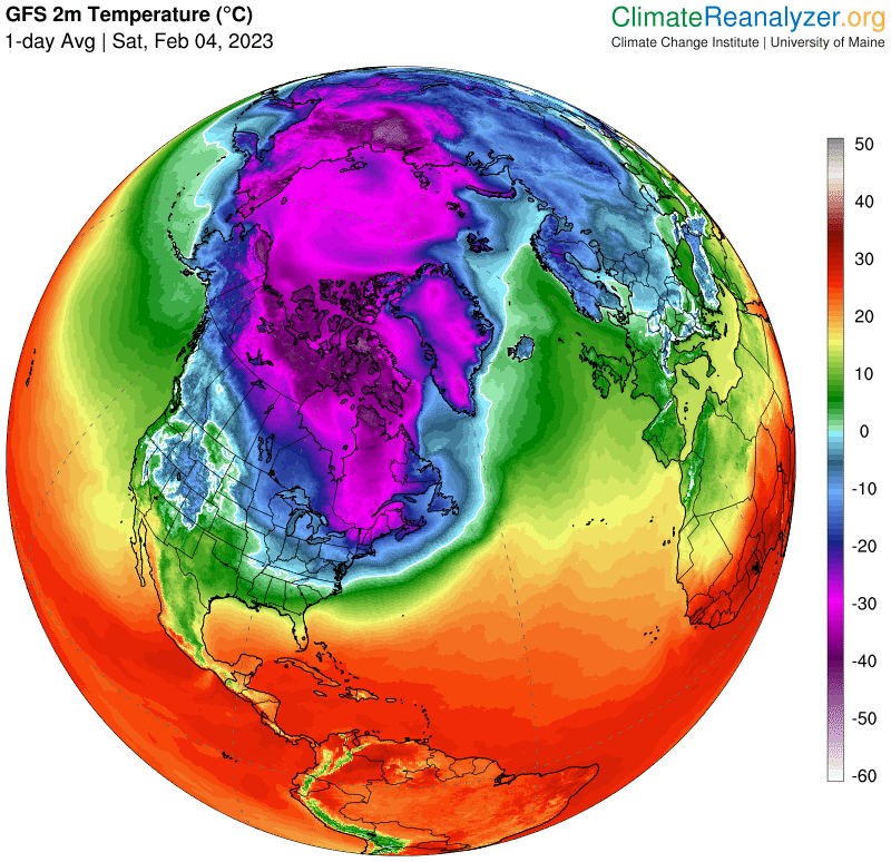 Foto gemaakt door Climate Reanalyzer (climatereanalyzer.org) - Op grote schaal in het noorden en oosten van Canada en het noordoosten van de VS minima rond of zelfs onder de 30 graden. Let op: de huidige kaart laat de gemiddelde dagtemperatuur zien, niet de minimumtemperatuur. Foto gemaakt door Climate Reanalyzer (climatereanalyzer.org) - Op grote schaal in het noorden en oosten van Canada en het noordoosten van de VS minima rond of zelfs onder de 30 graden. Let op: de huidige kaart laat de gemiddelde dagtemperatuur zien, niet de minimumtemperatuur.